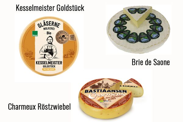 Drei Käsesorten in einem Bild - Goldstück, Brie und Charmeux