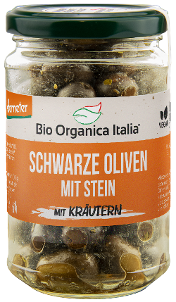 Produktfoto zu Schwarze Oliven mit Stein, mit Kräutern, Demeter